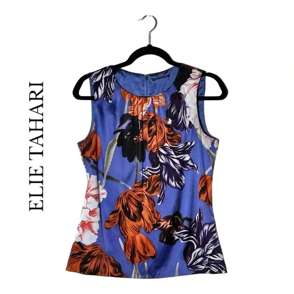 1929. ELIE TAHARI SLEEVELESS SATIN MATERIAL TOP FLORAL‎ PATTERN SIZE SMALL